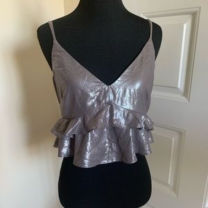 Topshop Gray Metallic Gunmetal Ruffle Crop Top NEW